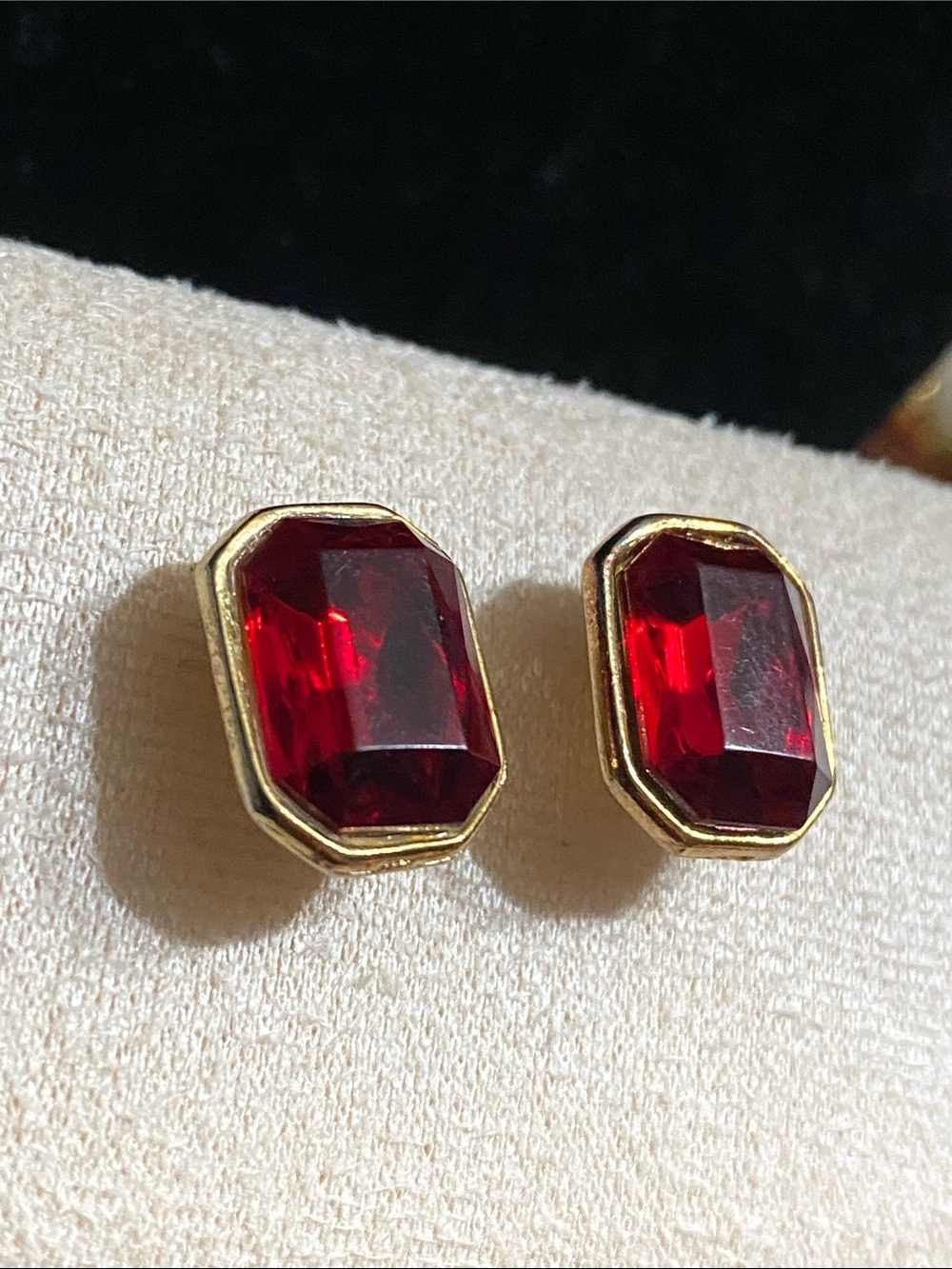 Red Octagon Crystal Stud Earrings - Gold Setting - Picture 3 of 7